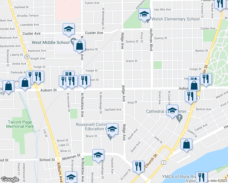 map of restaurants, bars, coffee shops, grocery stores, and more near 2128 Auburn Street in Rockford