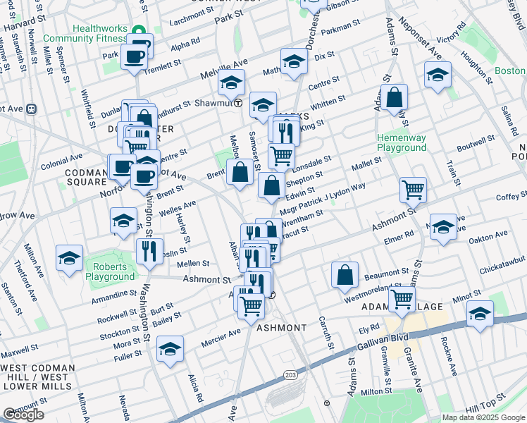 map of restaurants, bars, coffee shops, grocery stores, and more near 1847 Dorchester Avenue in Boston