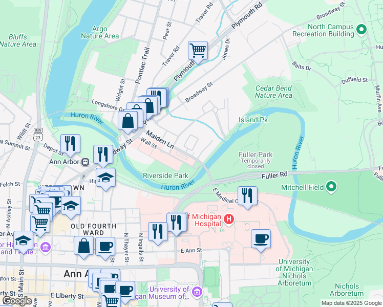 map of restaurants, bars, coffee shops, grocery stores, and more near 1051 Maiden Lane in Ann Arbor