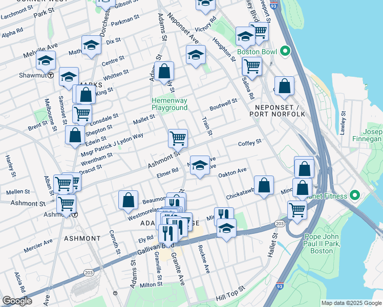 map of restaurants, bars, coffee shops, grocery stores, and more near 6 Ashmont Court in Boston