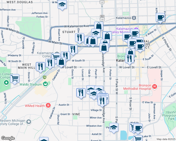 map of restaurants, bars, coffee shops, grocery stores, and more near 414 Oak Street in Kalamazoo