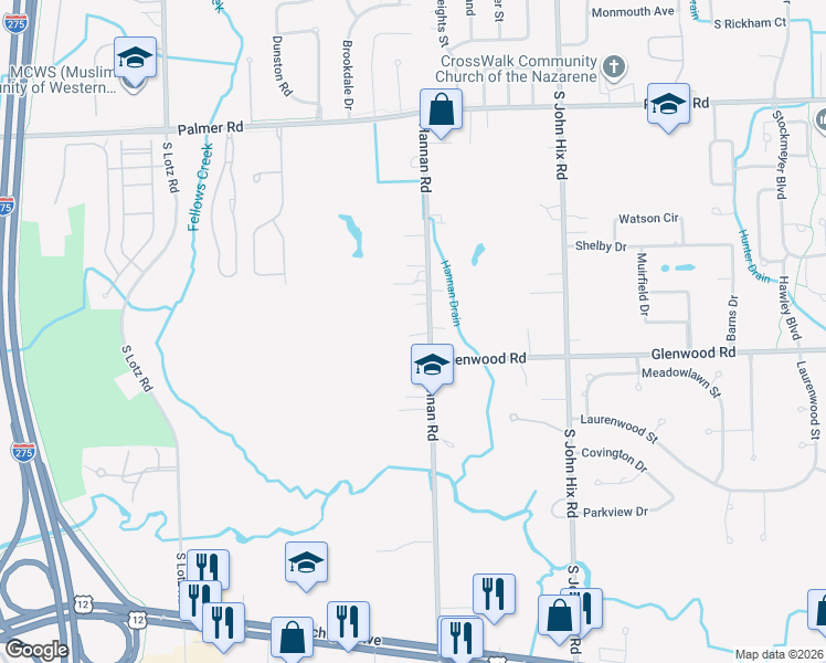 map of restaurants, bars, coffee shops, grocery stores, and more near 2630 Hannan Road in Canton