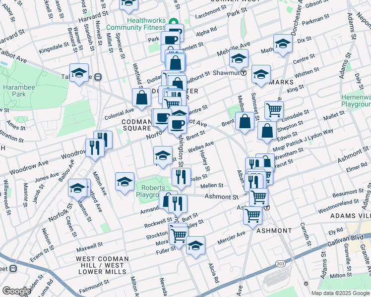 map of restaurants, bars, coffee shops, grocery stores, and more near 670 Washington Street in Boston