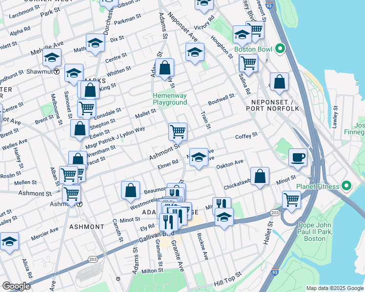 map of restaurants, bars, coffee shops, grocery stores, and more near 640 Adams Street in Boston