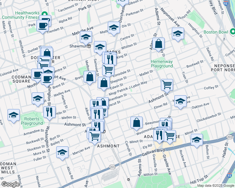 map of restaurants, bars, coffee shops, grocery stores, and more near 30 Wrentham Street in Boston