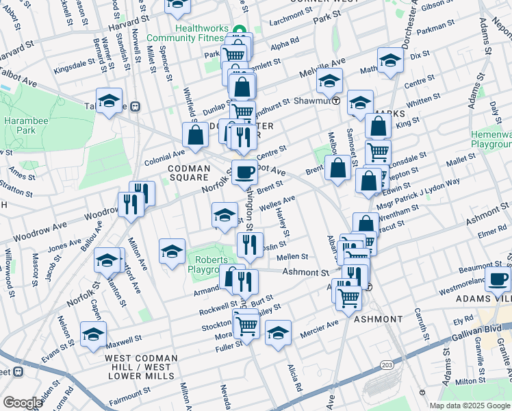 map of restaurants, bars, coffee shops, grocery stores, and more near 675-677A Washington Street in Boston