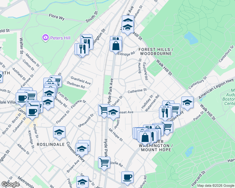 map of restaurants, bars, coffee shops, grocery stores, and more near 374 Hyde Park Avenue in Boston