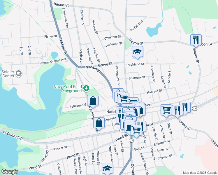 map of restaurants, bars, coffee shops, grocery stores, and more near 46 North Main Street in Natick