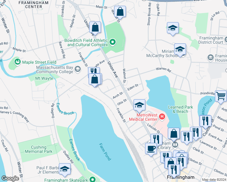 map of restaurants, bars, coffee shops, grocery stores, and more near 18 Arch Street in Framingham