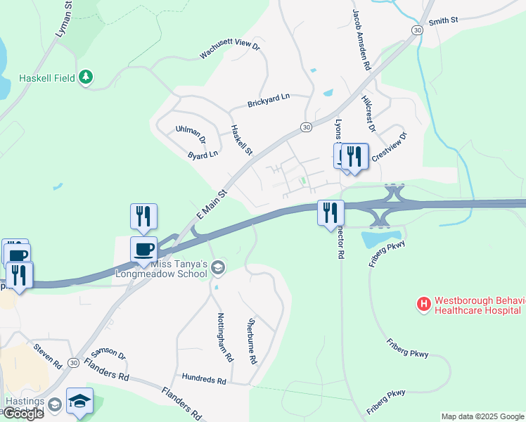 map of restaurants, bars, coffee shops, grocery stores, and more near 15 Granger Road in Westborough