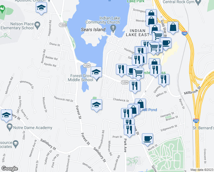 map of restaurants, bars, coffee shops, grocery stores, and more near 485 Grove Street in Worcester