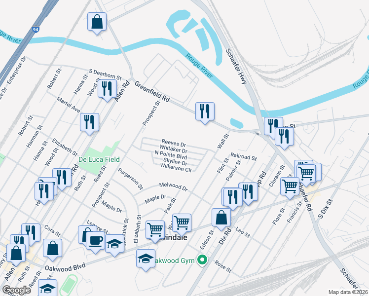 map of restaurants, bars, coffee shops, grocery stores, and more near 3187 Reeves Drive in Melvindale