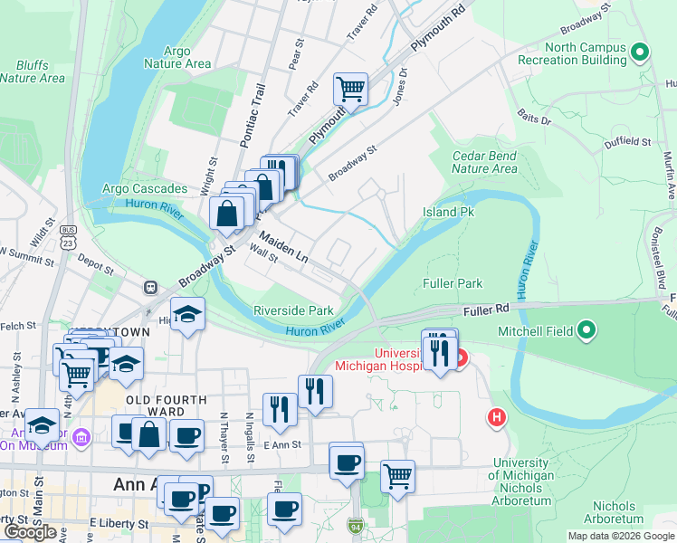map of restaurants, bars, coffee shops, grocery stores, and more near 1047 Wall Street in Ann Arbor