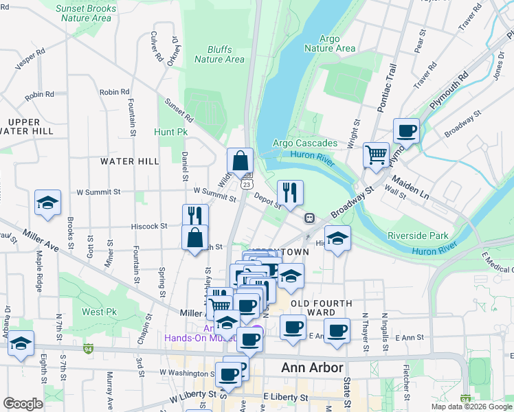 map of restaurants, bars, coffee shops, grocery stores, and more near 124 East Summit Street in Ann Arbor
