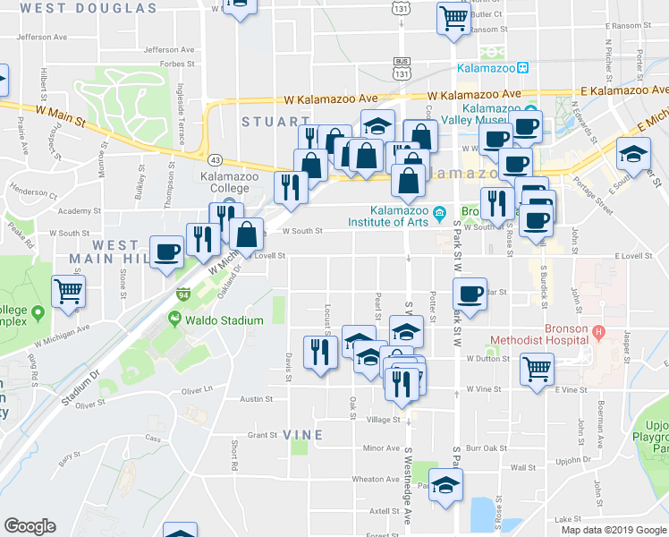 map of restaurants, bars, coffee shops, grocery stores, and more near 417 Locust Street in Kalamazoo