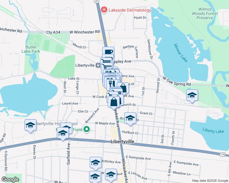 map of restaurants, bars, coffee shops, grocery stores, and more near 508 North Milwaukee Avenue in Libertyville