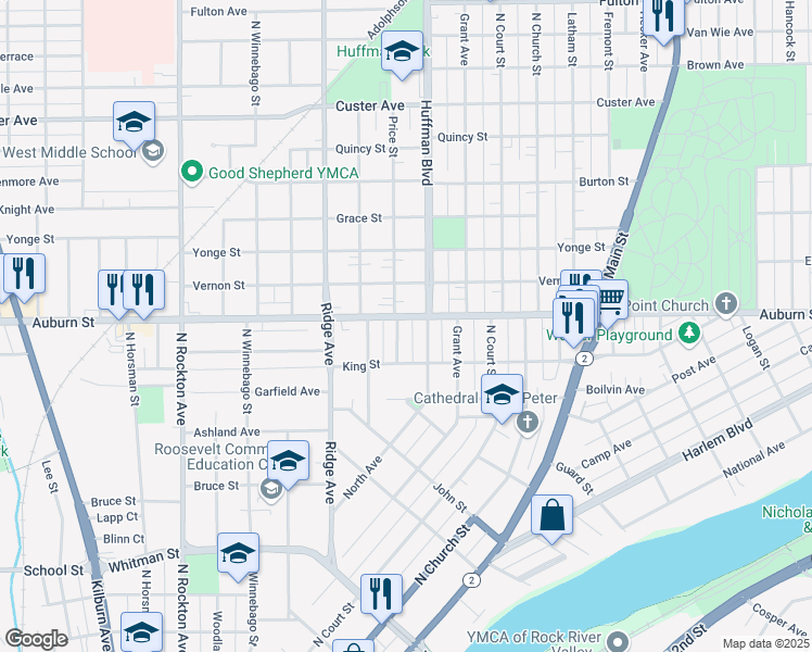 map of restaurants, bars, coffee shops, grocery stores, and more near 1319 Evelyn Street in Rockford