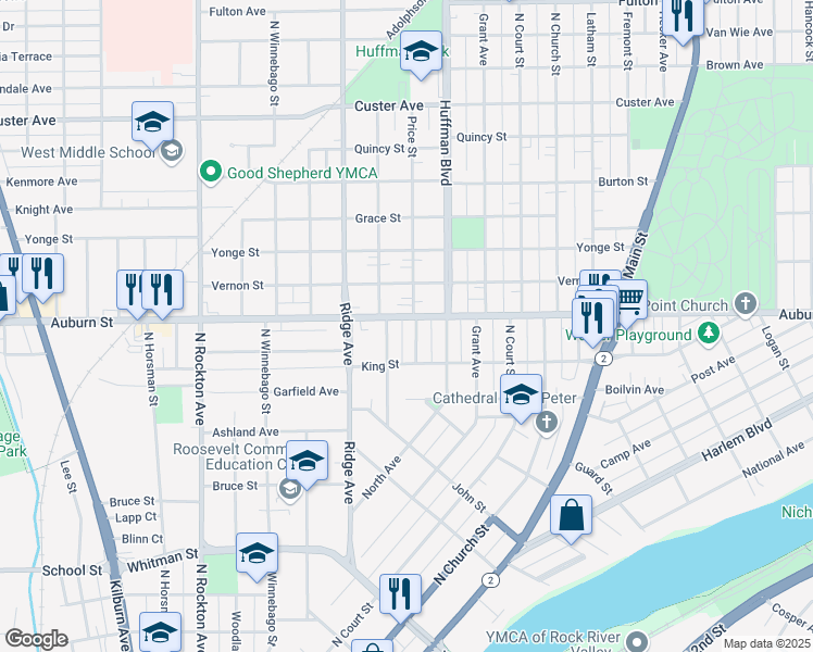 map of restaurants, bars, coffee shops, grocery stores, and more near 1319 Evelyn Street in Rockford