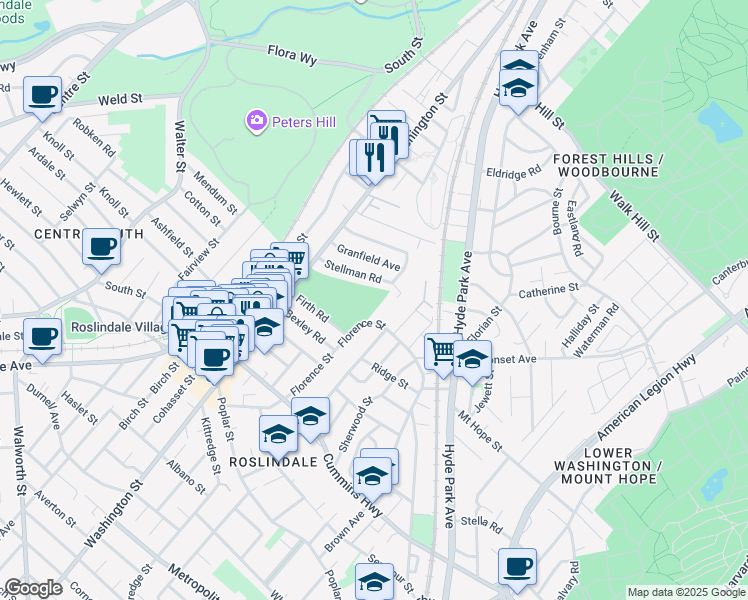 map of restaurants, bars, coffee shops, grocery stores, and more near 160 Florence Street in Boston