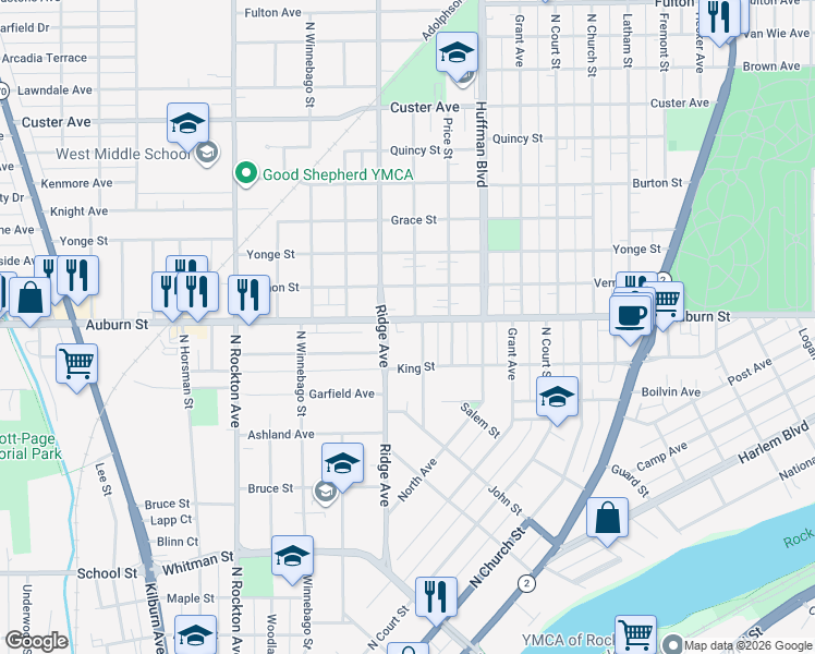 map of restaurants, bars, coffee shops, grocery stores, and more near 2008 Auburn Street in Rockford