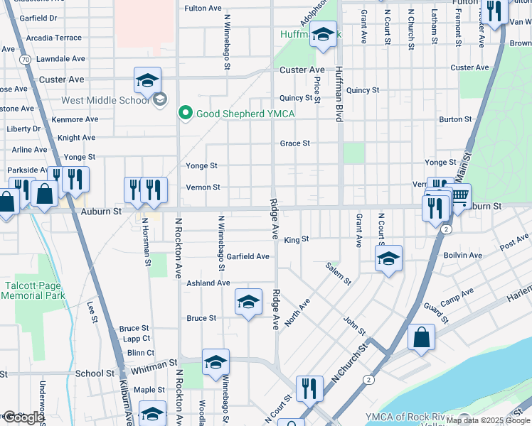 map of restaurants, bars, coffee shops, grocery stores, and more near 2112 Auburn Street in Rockford