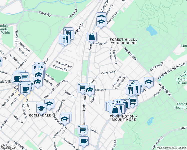 map of restaurants, bars, coffee shops, grocery stores, and more near 374 Hyde Park Avenue in Boston