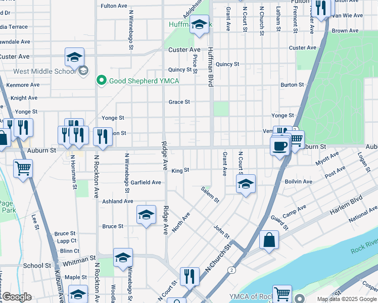 map of restaurants, bars, coffee shops, grocery stores, and more near 1326 Garrison Avenue in Rockford