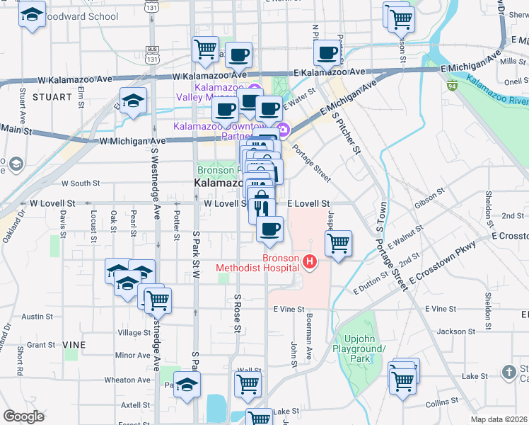 map of restaurants, bars, coffee shops, grocery stores, and more near 427 South Burdick Street in Kalamazoo