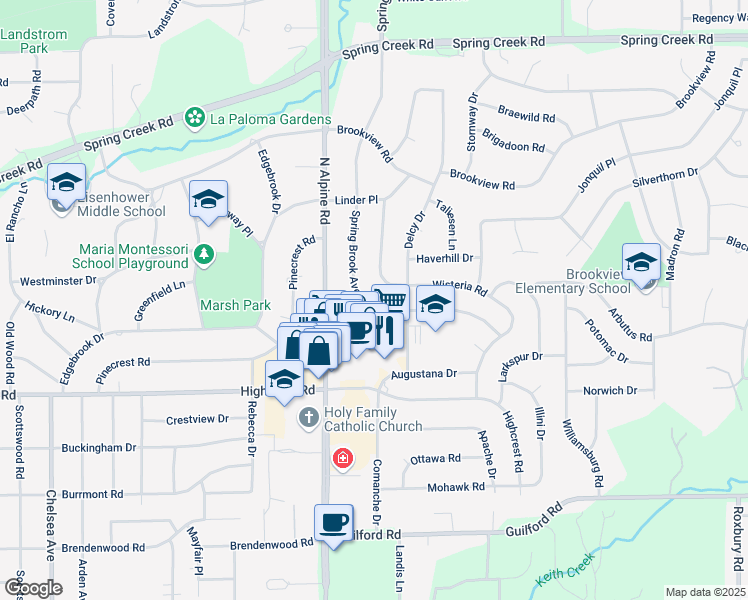 map of restaurants, bars, coffee shops, grocery stores, and more near 2017 Spring Brook Avenue in Rockford