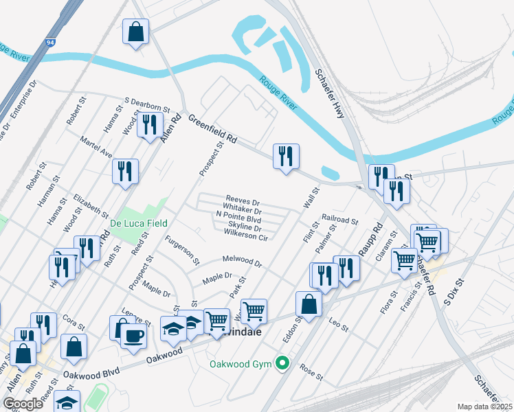 map of restaurants, bars, coffee shops, grocery stores, and more near 3187 Reeves Drive in Melvindale