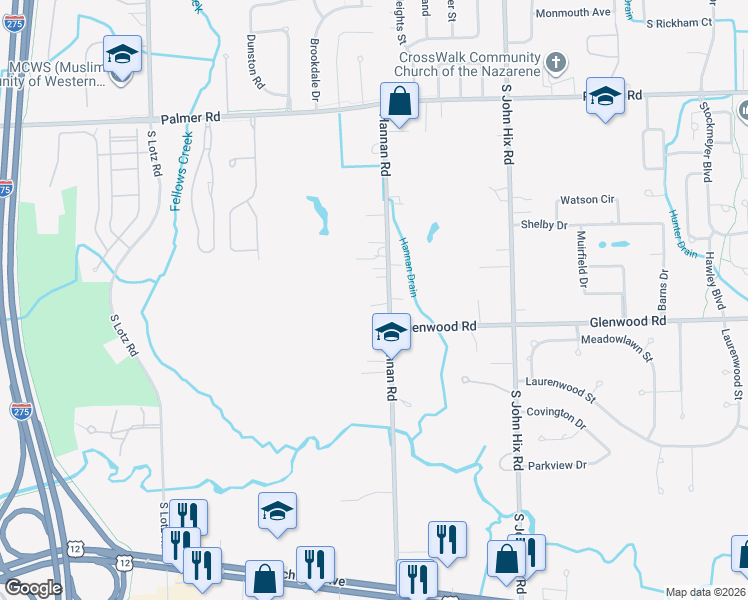 map of restaurants, bars, coffee shops, grocery stores, and more near 2618 Hannan Road in Wayne County