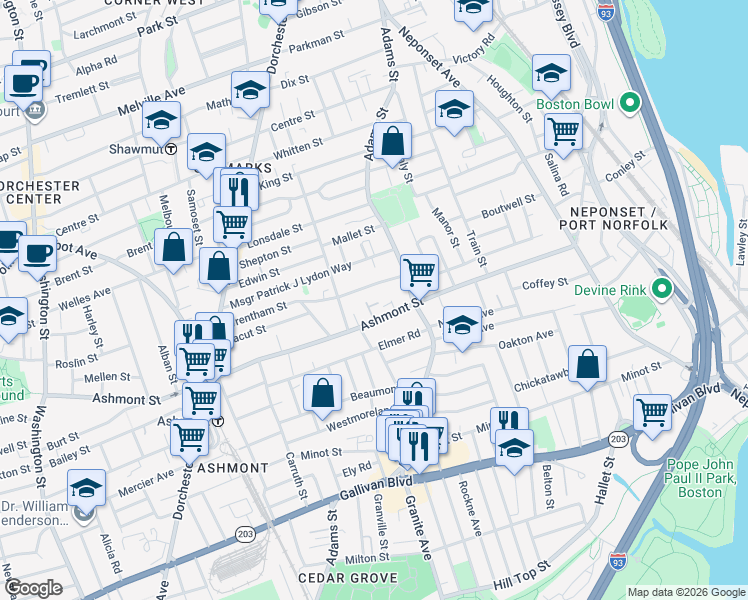 map of restaurants, bars, coffee shops, grocery stores, and more near 402 Ashmont Street in Boston