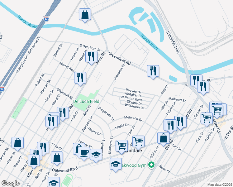map of restaurants, bars, coffee shops, grocery stores, and more near 3394 North Pointe Boulevard in Melvindale