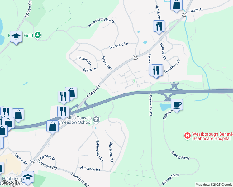 map of restaurants, bars, coffee shops, grocery stores, and more near 15 Granger Road in Westborough