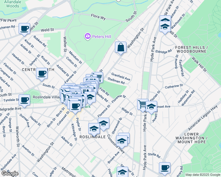 map of restaurants, bars, coffee shops, grocery stores, and more near 50 Firth Road in Boston