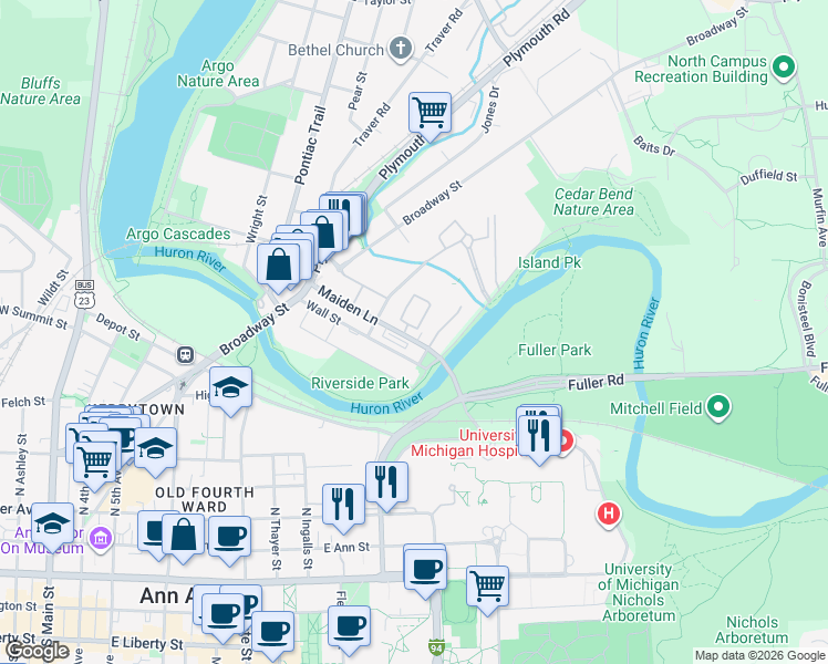 map of restaurants, bars, coffee shops, grocery stores, and more near 1047 Wall Street in Ann Arbor