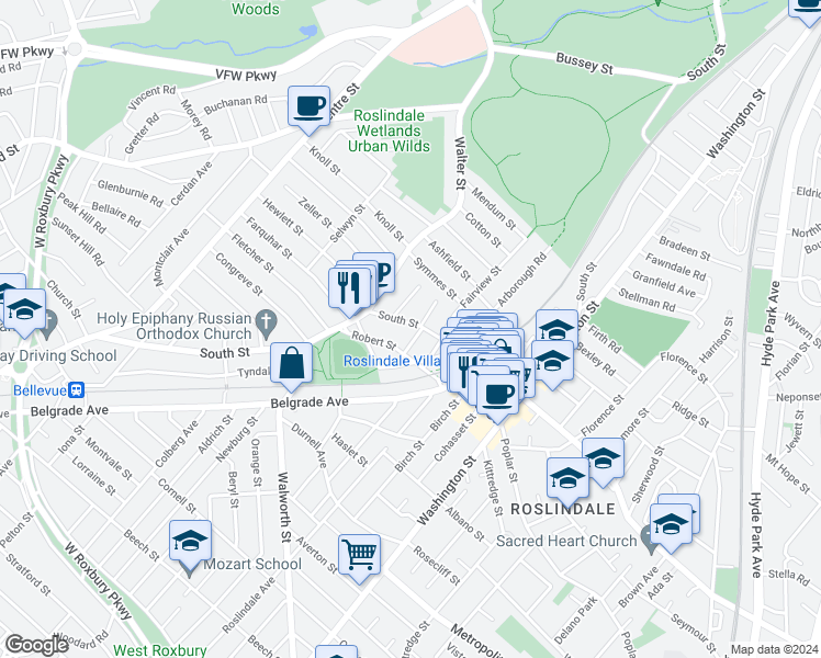 map of restaurants, bars, coffee shops, grocery stores, and more near 61-63 Robert Street in Boston