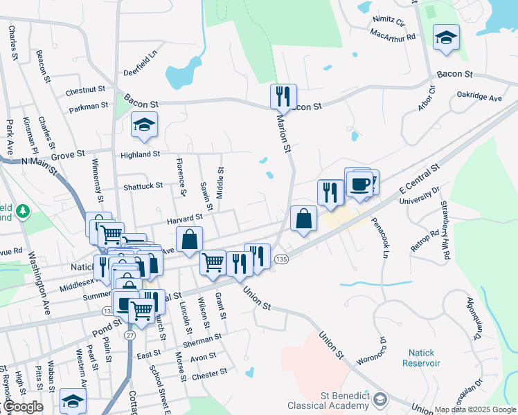 map of restaurants, bars, coffee shops, grocery stores, and more near 4 Hume Street in Natick
