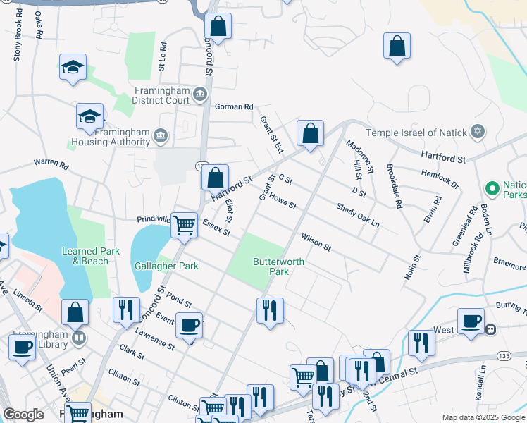 map of restaurants, bars, coffee shops, grocery stores, and more near 307 Grant Street in Framingham