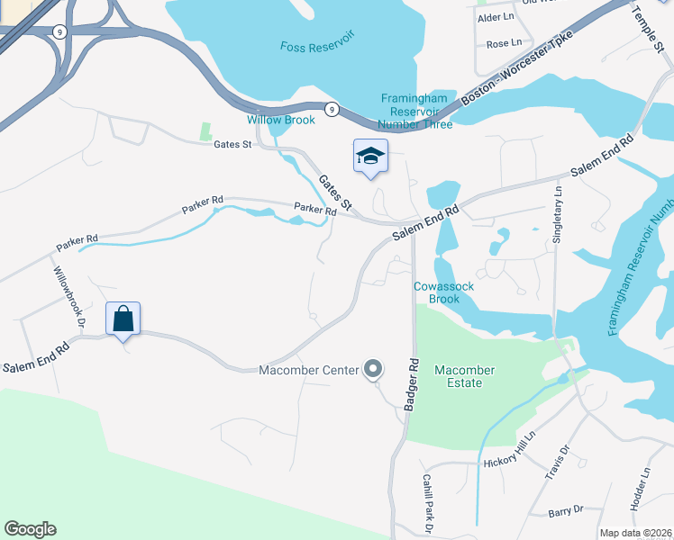 map of restaurants, bars, coffee shops, grocery stores, and more near 625 Salem End Road in Framingham