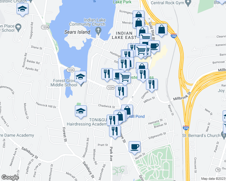 map of restaurants, bars, coffee shops, grocery stores, and more near 419 Grove Street in Worcester