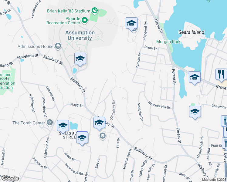 map of restaurants, bars, coffee shops, grocery stores, and more near 13 Old Colony Road in Worcester
