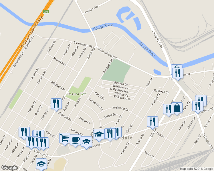 map of restaurants, bars, coffee shops, grocery stores, and more near 3392 North Pointe Boulevard in Melvindale