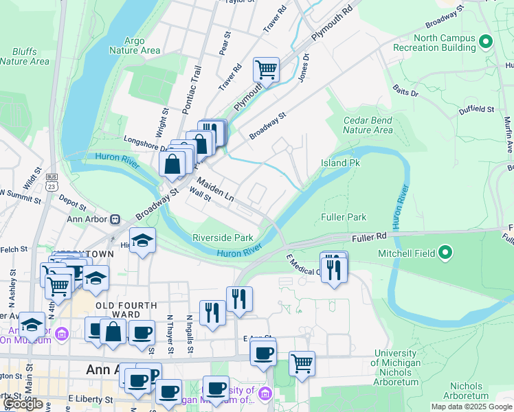 map of restaurants, bars, coffee shops, grocery stores, and more near 1047 Wall Street in Ann Arbor