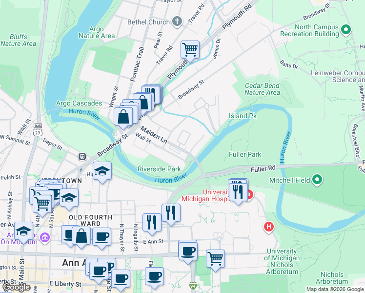 map of restaurants, bars, coffee shops, grocery stores, and more near 1047 Wall Street in Ann Arbor