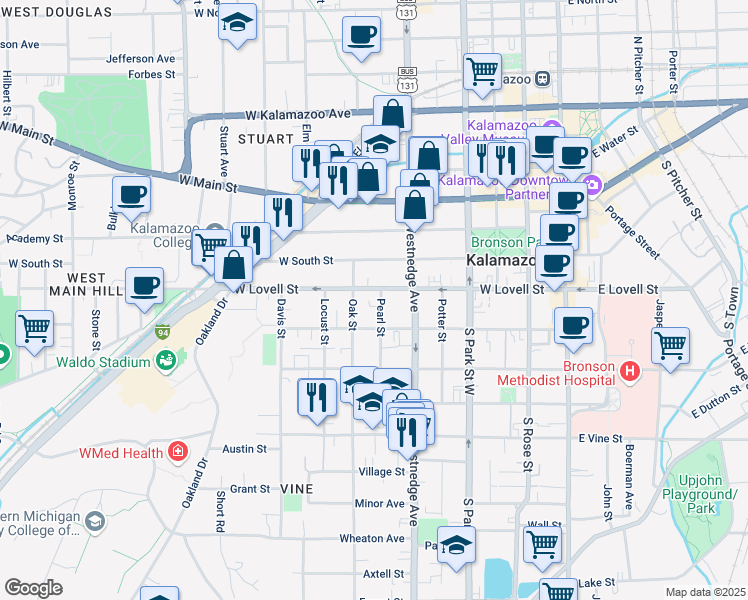 map of restaurants, bars, coffee shops, grocery stores, and more near 424 Pearl Street in Kalamazoo