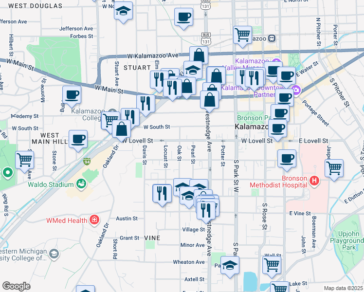 map of restaurants, bars, coffee shops, grocery stores, and more near 424 Pearl Street in Kalamazoo