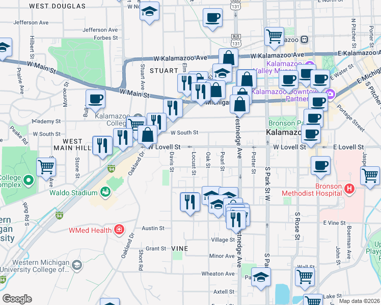 map of restaurants, bars, coffee shops, grocery stores, and more near 417 Locust Street in Kalamazoo