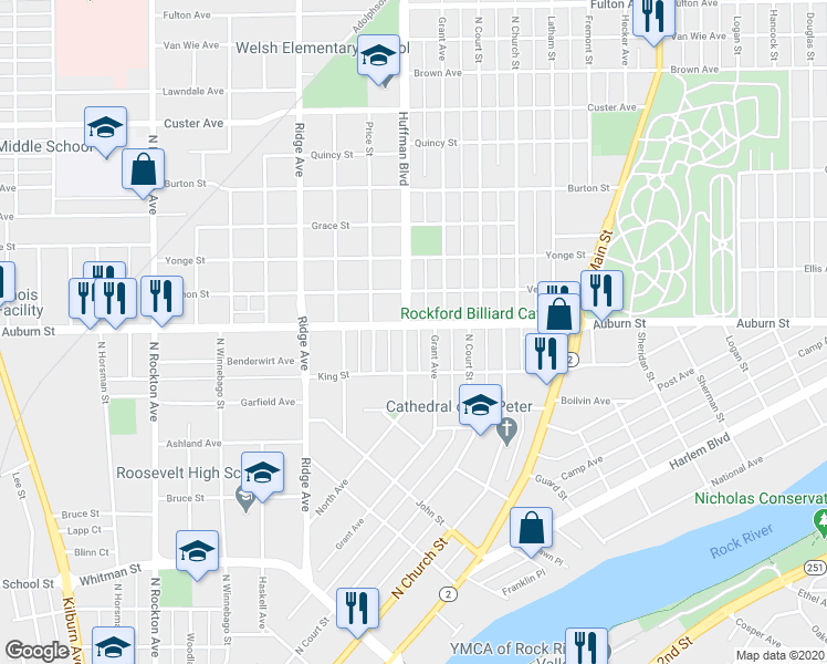 map of restaurants, bars, coffee shops, grocery stores, and more near 1425 North Avenue in Rockford
