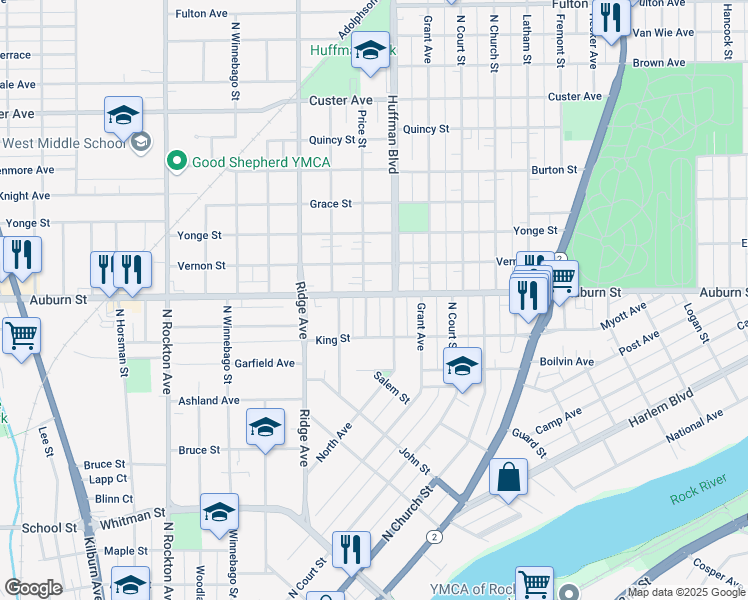 map of restaurants, bars, coffee shops, grocery stores, and more near 1319 Evelyn Street in Rockford